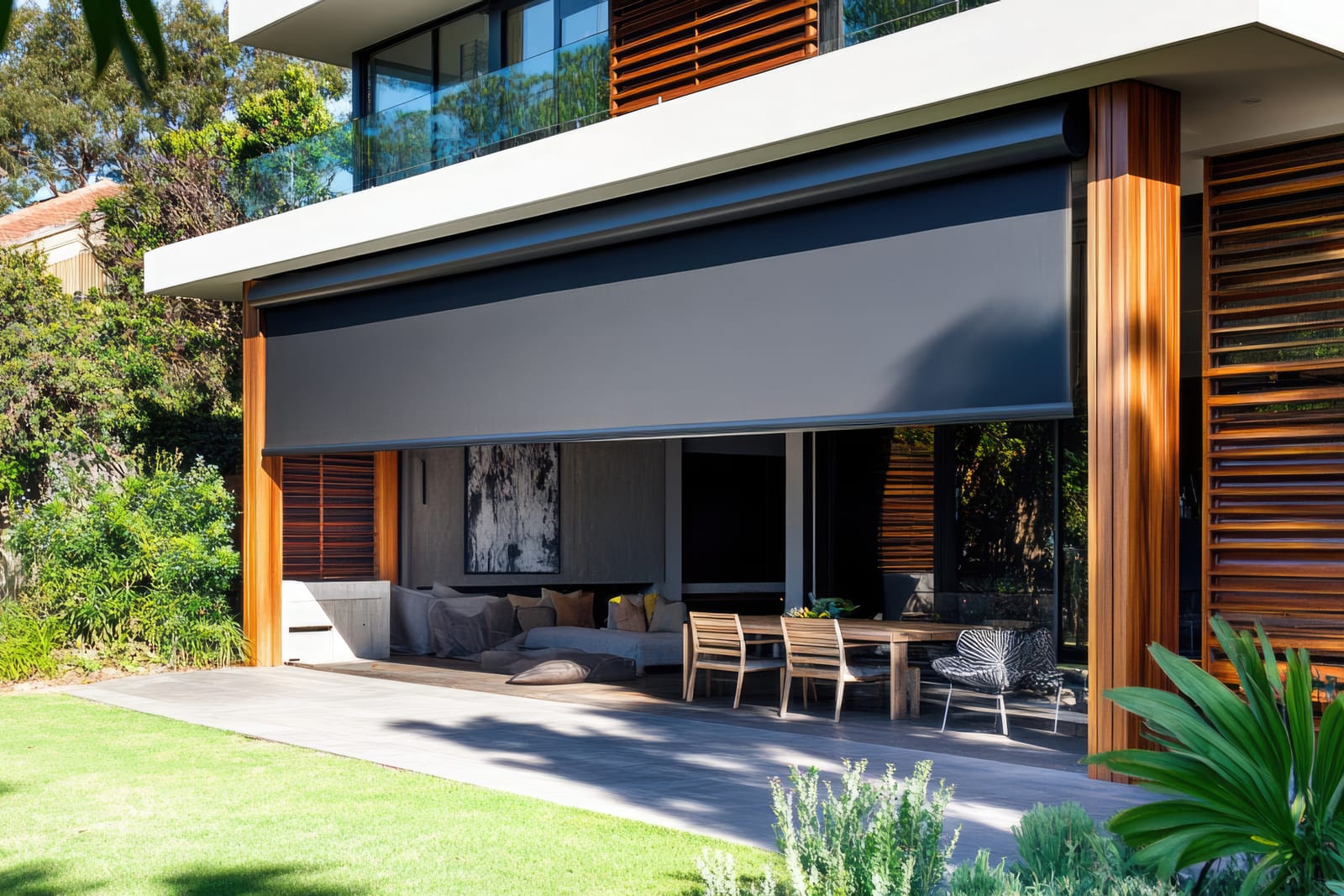 Exterior solar shade on a covered patio